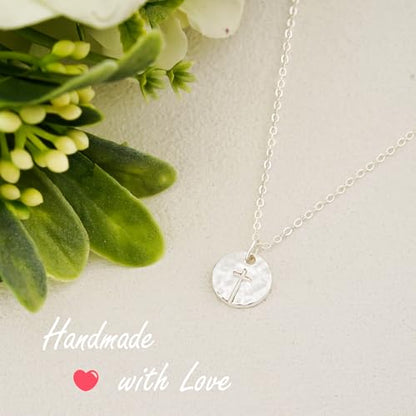 NIXMAX Small Cross Necklace for Women, 14K Gold Silver Plated Pendant - color: Silver-Hammered Cross
