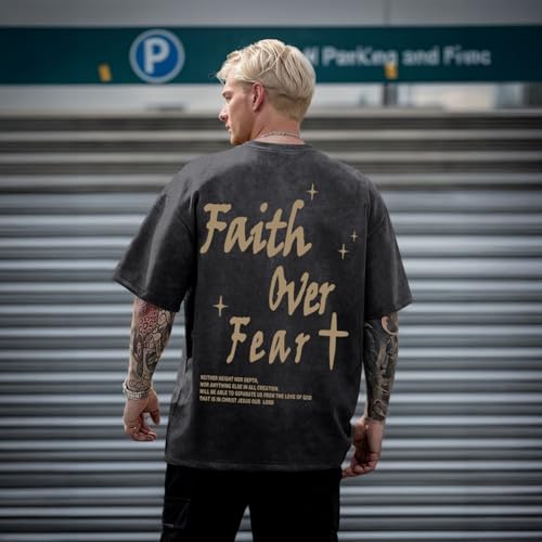 Christian Shirts for Men Faith Over Fear Acid Wash Tshirts Faith Religious Tees God Bible Verse Inspirational Tops - color: Black1, size: Small