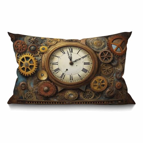 Smooffly Steampunk Throw Pillow Cover Rusty Steampunk with Clock and Different Gears Metal Machine Gold Bronze Decorative Pillow Case Home Decor 20x12 Inches Pillowcase - color: Md007