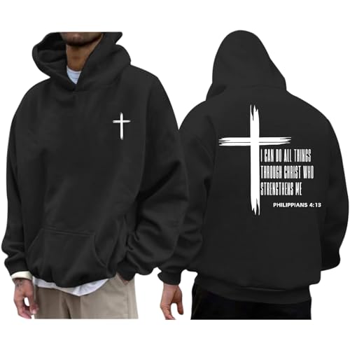 Tuislay Mens I Can Do All Things Through Christ Hoodies Christian Jesus Hoodie Religious Cross Sweatshirt Faith Pullover Tops - color: Black, size: Large