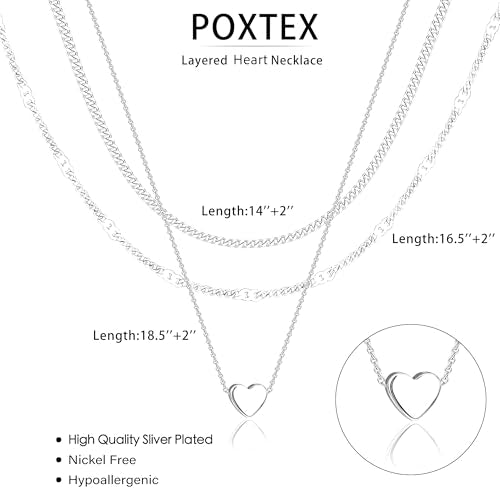 Poxtex Layered Gold Necklaces for Women, Stackable Dainty 14K Gold Silver Plated Trendy Simple Heart Diamond Cross Bow Circle Pendant Paperclip Choker Dot Chain Necklace,Jewelry Set Gifts for Women - color: Silver, style: Heart2