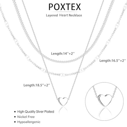 Poxtex Layered Gold Necklaces for Women, Stackable Dainty 14K Gold Silver Plated Trendy Simple Heart Diamond Cross Bow Circle Pendant Paperclip Choker Dot Chain Necklace,Jewelry Set Gifts for Women - color: Silver, style: Heart2