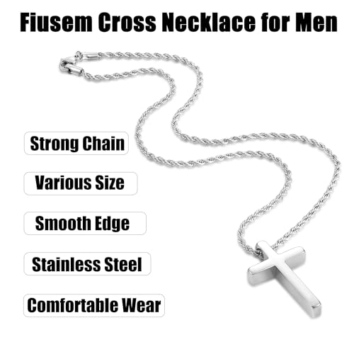 Fiusem Cross Necklace for Men, 2.5mm Rope Chain with Pendant - size: 22 Inch, style: Small silver cross: 1.2" * 0.73"