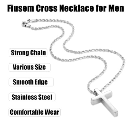 Fiusem Cross Necklace for Men, 2.5mm Rope Chain with Pendant - size: 22 Inch, style: Small silver cross: 1.2" * 0.73"