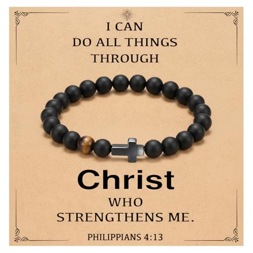 Men’s Cross Bracelet with Elastic Rope,Natural Stone Beaded Bracelet with Stainless Steel Cross,Black Agate & Tiger Eye, Religious Fashion Jewelry for Men/teen - color: B-Christ, size: 8