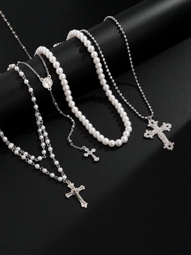 Layered Cross Necklace Set for Women Men – Multi Chain Gold Silver Cross Pendant Jewelry with Rhinestone Accents, Vintage Punk Gothic Style Jewelry Gifts - color: C: Silver Pearl