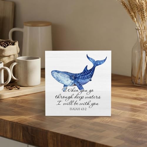Christian Coastal Whale Wooden Box Signs Desk Decor, Christian Beach Home Decor, Bible Verse Religious Wooden Signs Desk Decorations for Home Bedroom Office Tabletop Shelf Wall, 5x5in