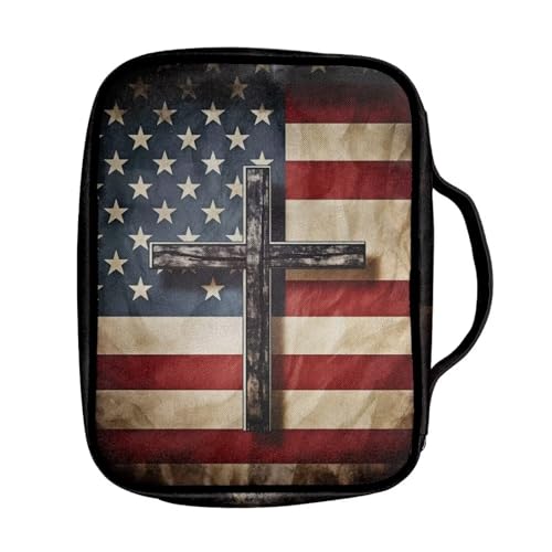 Suobstales American Flag Cross Print Bible Cover Bible Case for Women Men Lightweight Carrying Book Cover Church Bag Bible Protective Bag with Handle and Zippered Pocket - color: American Flag Cross 2
