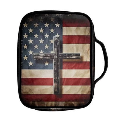 Suobstales American Flag Cross Print Bible Cover Bible Case for Women Men Lightweight Carrying Book Cover Church Bag Bible Protective Bag with Handle and Zippered Pocket - color: American Flag Cross 2