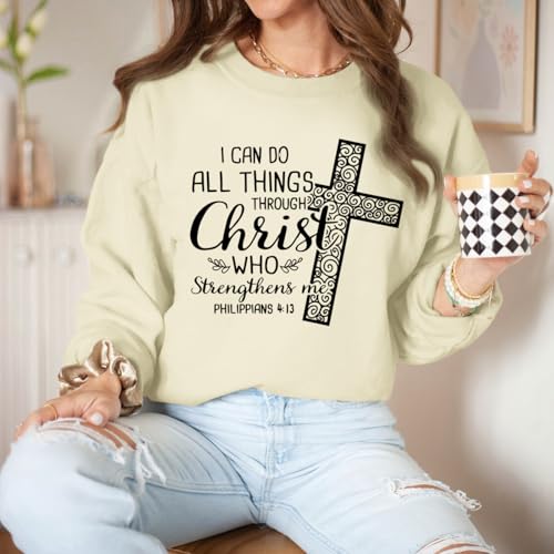 KEEVICI Christian Jesus Sweatshirts For Women Religious Bible Verse Cross Sweatshirt God Hoodie Faith Long Sleeve Shirts - color: Apricot, size: Medium
