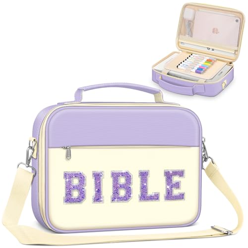 FINPAC Bible Cover with Shoulder Strap, Church Book Carrying Bible Case Bag - color: Letter Purple