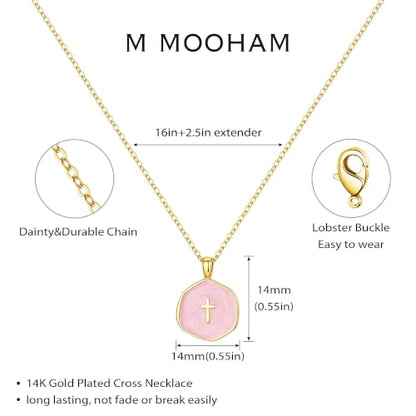 M MOOHAM Enamel Mini Cross Necklace for Women Girl, 14K Gold Plated Jewelry - color: pink cross-cable chain