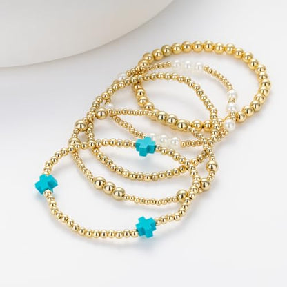 Gold Beaded Pearl Cross Bracelets Stackable Christian Stretch Jewelry Set - color: Turquoise Blu