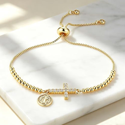 HZMAN 14K Gold Plated Cross Bracelet for Women, Brass Adjustable Bolo Bracelet with CZ, Religious Saint Benedict/Virgin Mary/Jude Pendant Jewelry Gift - color: Saint Benedict