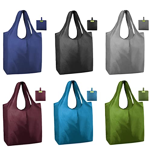 BeeGreen Reusable Bags Tote Bags for Women - 6 Pack Bulk Extra Large Reusable Gifts Bag with Handles - Heavy Duty Foldable Machine Washable Travel Grocery Bag Organizer (Packable Shopping Bags) - color: Black, Blue, Navy, Green, Gray, Burgundy