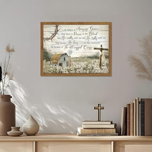 Cross Christian Wall Art Barn Windmill Country Pictures Framed 12x16 Inch - color: Hymn-wood, size: 16"L x 12"W
