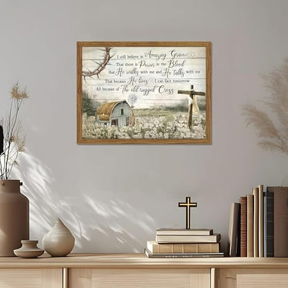 Cross Christian Wall Art Barn Windmill Country Pictures Framed 12x16 Inch - color: Hymn-wood, size: 16"L x 12"W