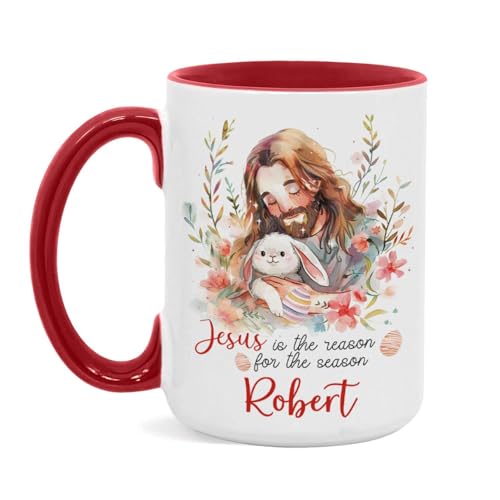 Customized Cup Featuring Jesus And Bunny Illustration, Christian Coffee Mug 11oz 15oz, Custom Name Religious Cup For Adults, Personalized Christian Ceramic Mug, Gift For Christian Holiday - color: XUA-324-1553-JESUS AND RABBIT MUG