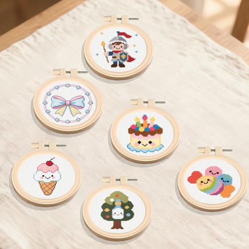 57lilina Easy Embroidery Kit for Kids Beginners, 6 Set Cute Stamped Pattern - color: Tree+Cake+Soldier+Bow Tie+Ice Cream+Candy