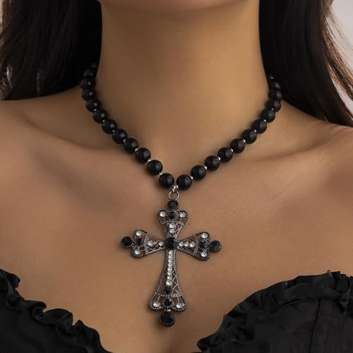 Pearl Cross Necklace Big Cross Pendants Necklaces for Women Chunky Pearl Necklace Gothic Cross Necklace Punk Vintage Cross Jewelry Women - style: Black