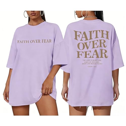 Faith Over Fear Shirt for Women Graphic Shirts Oversized Graphic Christian Tshirts Tees Tops - color: Purple, size: Medium