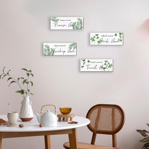 ONIZHITY 4 Pcs Green Bathroom Decor Religious Farmhouse Wall Art Inspirational Bible Verse Green Leaf Rustic Wooden Christian Sign for Home Bathroom Office Bedroom Living Room Kitchen(Green 10x4)