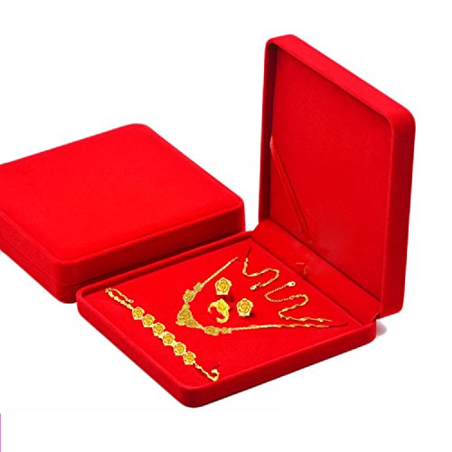 Jewelry Set Velvet Box Necklace Earring Ring Necklace Bracelet Gift Display Case Wedding Jewelry Storage Holder (Red) - color: Red
