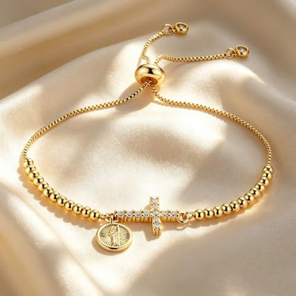 HZMAN 14K Gold Plated Cross Bracelet for Women, Brass Adjustable Bolo Bracelet with CZ, Religious Saint Benedict/Virgin Mary/Jude Pendant Jewelry Gift - color: Saint Jude