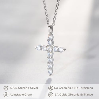 NORBU S925 Cubic Zirconia Cross Necklace for Women, Womens Cross Necklaces - color: Silver