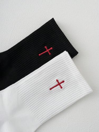 SHENHE Men's 2 Pairs Cross Print Embroidered Geo Crew Socks - color: White and Black, size: Medium