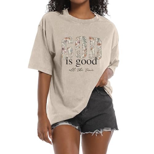 Christian God is Good Shirts for Women Jesus Faith Religious T Shirts Floral Graphic Oversized Acid Washed Tee Tops - color: Apricot, size: Small