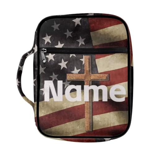 Coldinair Custom Name Bible Cover for Men Women,Cross American Flag Church Bible Protective Book Case with Pen Slot Handle & Zippered Pocket Travel Christian Bible Accessories,Add Your Name - color: Add Your Name,cross American Flag
