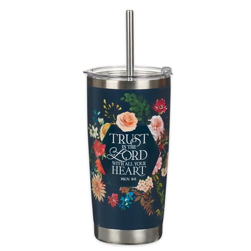 Christian Art Gifts Reusable Stainless Travel Mug Tumbler w/Straw for Women: Trust in the Lord Bible Verse, Double Wall Vacuum Insulated, Pop-up Lid, Hot/Cold, Cute Navy Blue Multicolor Floral, 18 oz. - color: Navy Blue/Trust