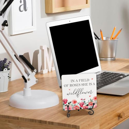 Country in a Field of Roses She is a Wildflower Table Wood Plaque Sign, Elegant Graphic Flower Wood Plaque Sign With Stand, Inspirational Desk Decor for Home Live Room Office Table Shelf - style: I