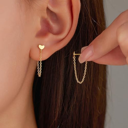 925 Sterling Silver CZ Moon Cross Heart Teardrop Chain Earrings for Women - color: Heart--Gold