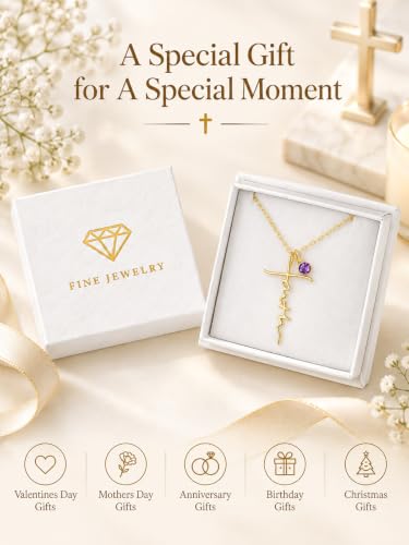 Faith Necklace White/Rose/Gold Birthday Gifts for Wife Her - color: 14K Gold-02-February