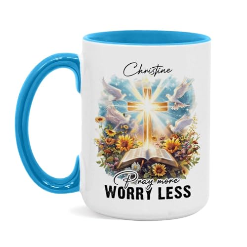 Christian Mug With Customized Name, Bible And Dove Design Ceramic Cup, Custom Christian Keepsake Mug 11oz 15oz, Personalized Christian Faith Coffee Cup, Gift For Family Member - color: HOA-624-2170-PRAY MORE WORRY LESS MUG