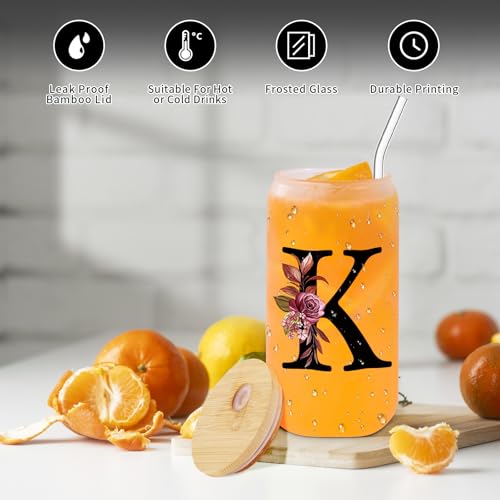 Monogrammed Glass Drinking Cup With Lid Straw Mother Day Best Mama Mom Ever from Daughter Son Christmas Xmas Valentines Birthday Groom Gifts Bride Mother In Law Personalized Unique Special Present,K - style: Letter K