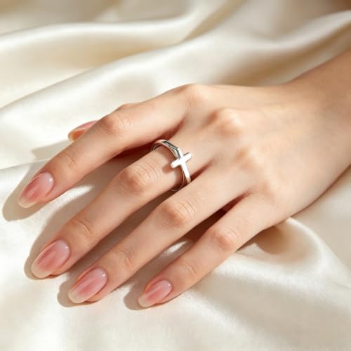 925 Sterling Silver Adjustable Cross Ring, Hypoallergenic Open Faith Band Size 6 Minimalist Stackable Jewelry Gift for Women