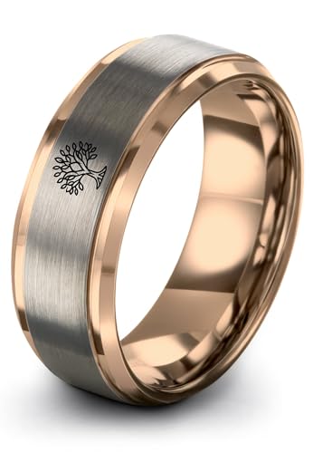Gift for Spiritual Person - Tree Of Life Ring - Anniversary Wedding - Silver Yellow Rose Gold Gunmetal - Flat Dome Bevel - Personalized Custom Engraving - Band - Brushed Polished - 8mm - Men Women - T - color: 08 - Rose Gold Grey Tungsten