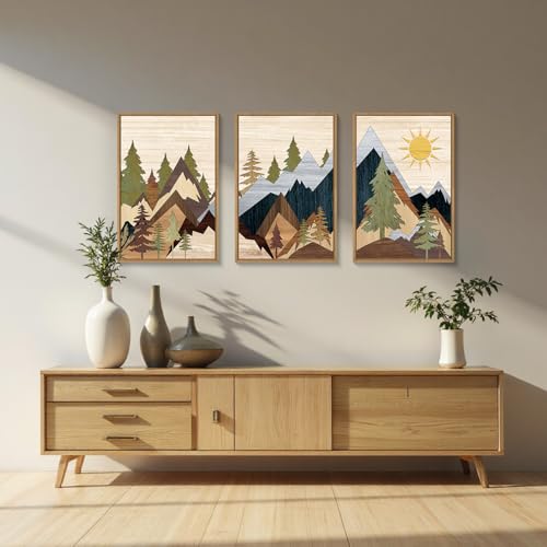 Ausri Boho Mountain Pine Tree Framed Canvas Wall Art Set -24"x36"x3 - color: Boho Mountain Wall Art, size: 24"L x 36"W