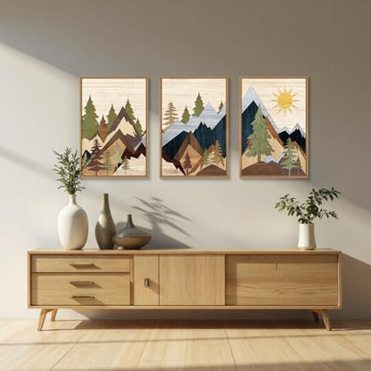Ausri Boho Mountain Pine Tree Framed Canvas Wall Art Set -24"x36"x3 - color: Boho Mountain Wall Art, size: 24"L x 36"W