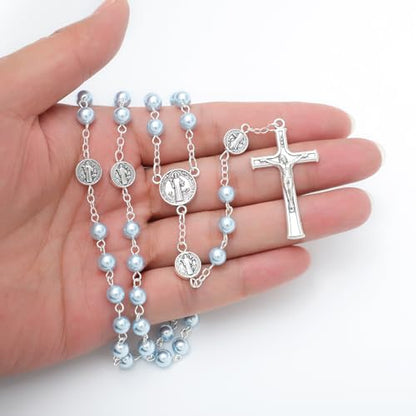 KOMI 6mm Glass Pearl Rosary Beads Catholic for Women with Metal Rosary Box Religious Gifts - style: St Benedict-blue