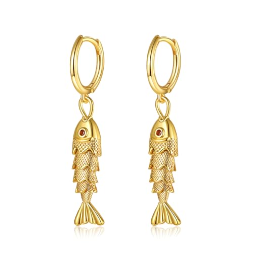 GZQ 14K Gold Fish Dangle Earrings for Women, Lightweight Hypoallergenic Drop Huggie Hoop Earrings for Daily Wear Beach Vacation - color: A