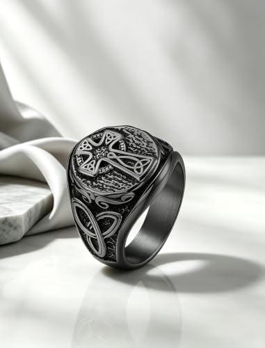 Men's Stainless Steel Celtic Cross Ring - color: Black