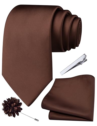 Branduce 3.15"（8cm） Mens Tie and Lapel Pin Solid Necktie Handkerchief Tie Clip Set for Men - color: Brown
