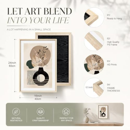 HOURIA Mid Century Modern Black Vase Framed Canvas Wall Art Set- 16"x24"x3 - color: Boho Vase Botanical Wall Art, size: 16"L x 24"W