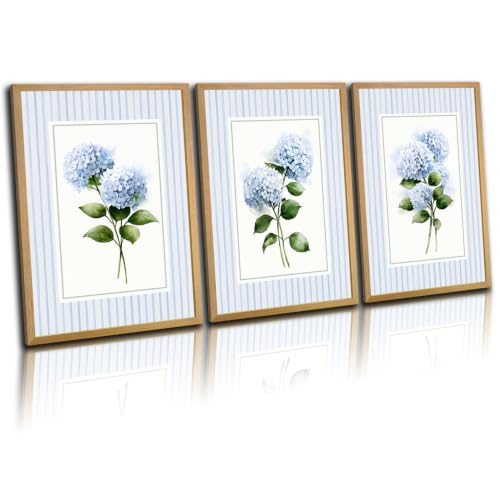 MochaMilly Set of 3 Blue Hydrangea Wall Art Framed Canvas Prints 24x16 Inch - color: Blue-A, size: 24"x16"
