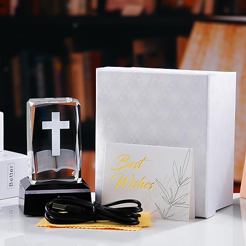Qianwei 3D Crystal Cross Bible Figurine with Colorful Light Base, Laser Engrave Religious Gifts for Women Man Christian Gifts for Friend Sister - color: Cross Bible