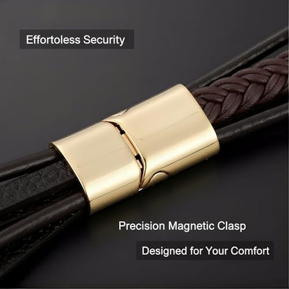 Stainless Steel Braided Leather Bracelet for Men Cuff Bangle Cross - color: Brown&Gold